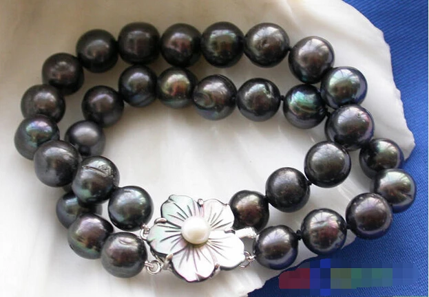

2ROW 12MM BLACK ROUND FRESHWATER CULTURED PEARL BRACELET p2024 Noble style Natural Fine jewe Fast (D) SHIPPING