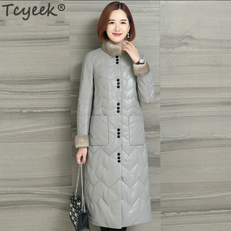 

Tcyeek Luxury Genuine Leather Jackets Women Natural Sheepskin Coat Female Long Thick Warm Down Parka Real Mink Fur Coats LWL1267