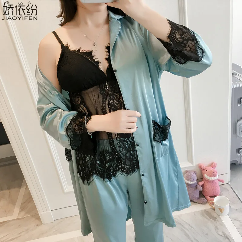 

Ladies luxury satin sleepwear sexy black lace sling 3pieces comfortable home wear pajama set seasons silk v-neck vest+coat+pants
