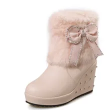 Brown Black Pink White Fur Boots Women Wedges Heel Rhinestone Slip-On Boots Bow Lady Shoes Woman Fashion Big Size 34-43