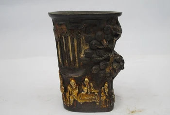 

China Folk FengShui Bronze Gild Pine tree Old man brush pot pencil vase a(5.19)