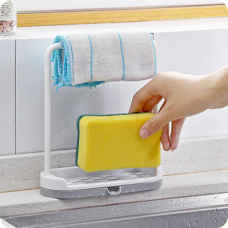 

2Colors Kitchen Storage Shelf Detachable Bar Towel Drying Rack Kitchen Plastic Wash Cloth Holder with Sponge Tray Standing Type