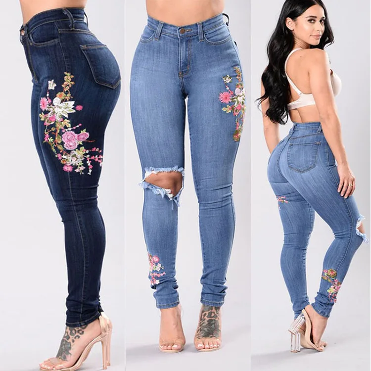 

New stretch hole embroidered high waist ladies high elastic denim pants