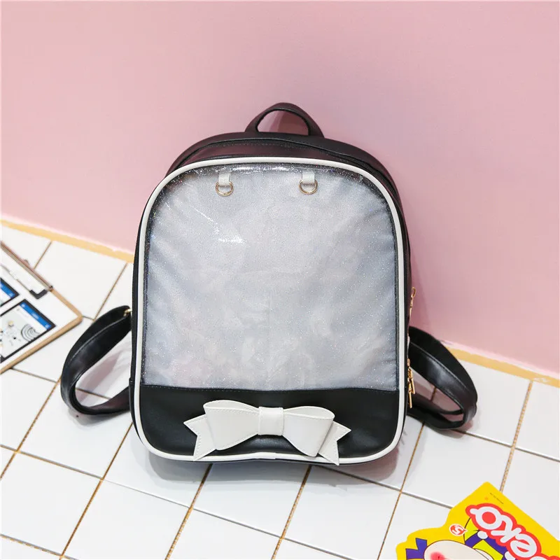 Прозрачный женский рюкзак мини размера, милые школьные сумки с бантом, розовые, Синие Школьные сумки для девочек-подростков, модный рюкзак - Цвет: black-white