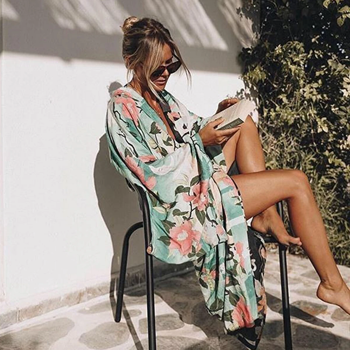 Jastie Green Floral Print Bird Women Jacket Cardigan Kimono Sleeve Loose Maxi Kimono Shirt 2018 Spring Summer Long Jackets Top