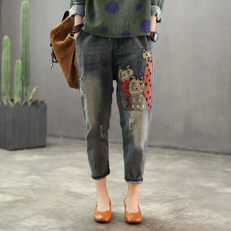 Новые весенние женские хлопковые джинсовые штаны-шаровары с эластичной резинкой на талии с вышивкой в стиле пэчворк, винтажные джинсы с дырками, свободные джинсы D112