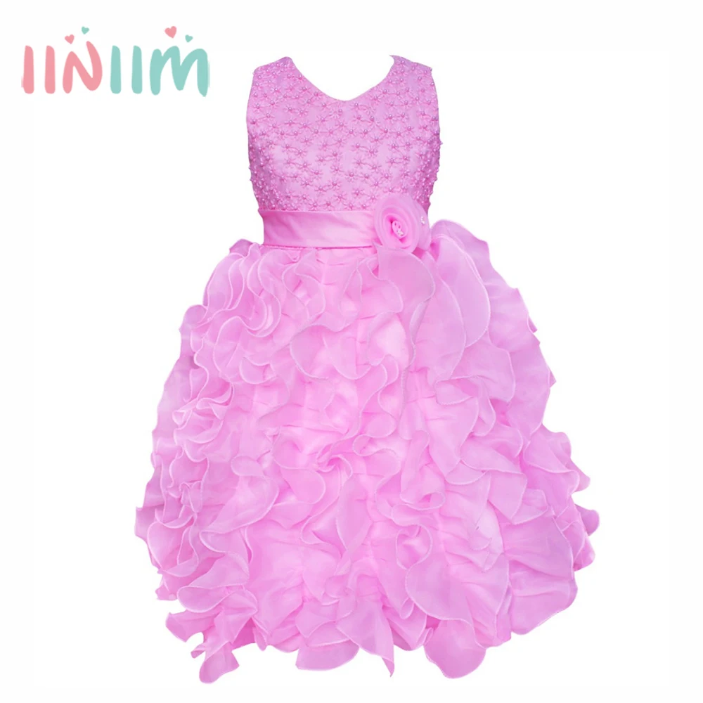 

iiniim Kids Girls Wedding Prom Ball Gown Formal Bud silk Flower Girls Summer Party Dress Toddler Infantil Princess Dresses