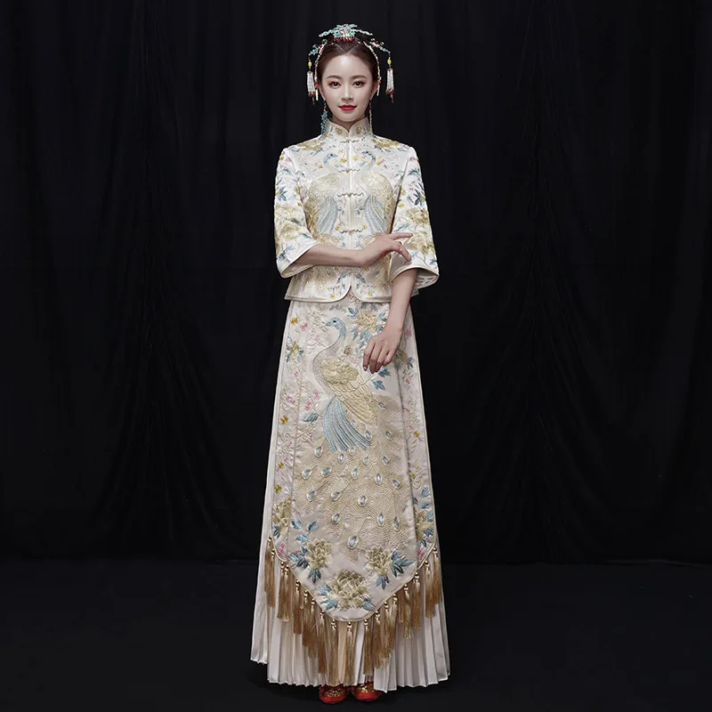 

Star Same Style Gold Show Wo Suit Chinese Bride Wedding Dress Fringe Dragon And Phoenix Coat Vintage Cheongsam Pleated Skirt