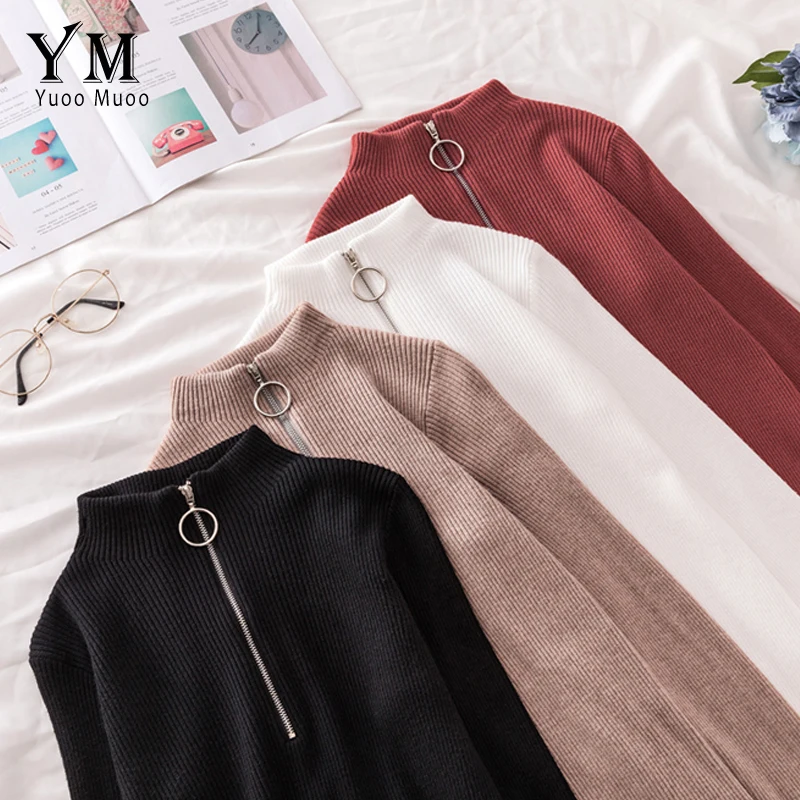 

YuooMuoo New 2019 Women Turtleneck Sweater Autumn Winter Knitted Pullover Sweaters Ins Hot Zippers Design Ladies Tops Jumpers