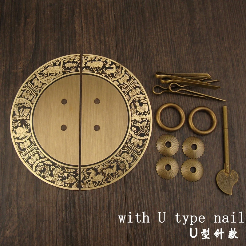 1 set Circular pure copper handheld antique furniture cabinet wine cabinet double open door animals handle