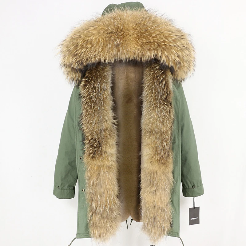 OFTBUY, зимняя женская куртка, пальто из натурального меха, длинная парка, воротник из натурального меха енота, Толстая теплая уличная верхняя одежда, Повседневная Новинка - Цвет: green natural E