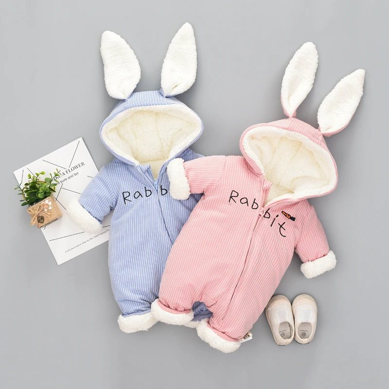 Одежда для новорожденных с изображением кролика; на молнии; комбинезон-ползунки для детей розового и голубого цвета, милые детские куртки с кроликом из мультфильма Зимний пуховик с капюшоном Детский костюм