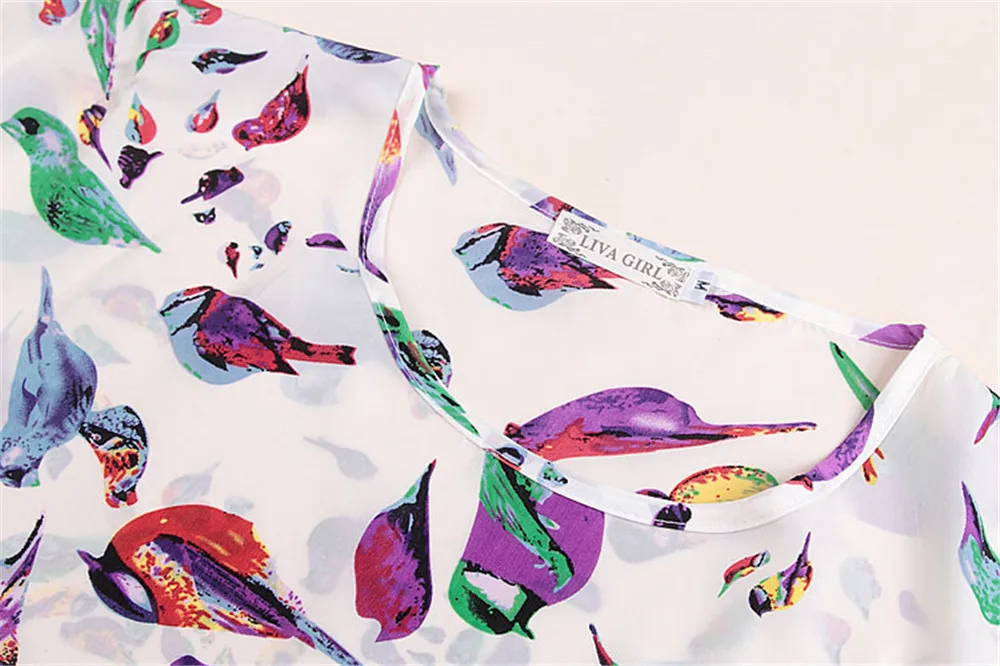 Summer Stars Blouse Women Sunflower Bird Chiffon Print Blouse Stripe Plaid Shirt Cross Love Blouse Short Sleeve Lipstick Shirts (25)