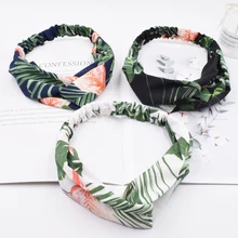 Vintage plantas tropicales diadema hojas flores banda de pelo para las mujeres cabello accesorios Cruz anudada cabeza elástica turbante