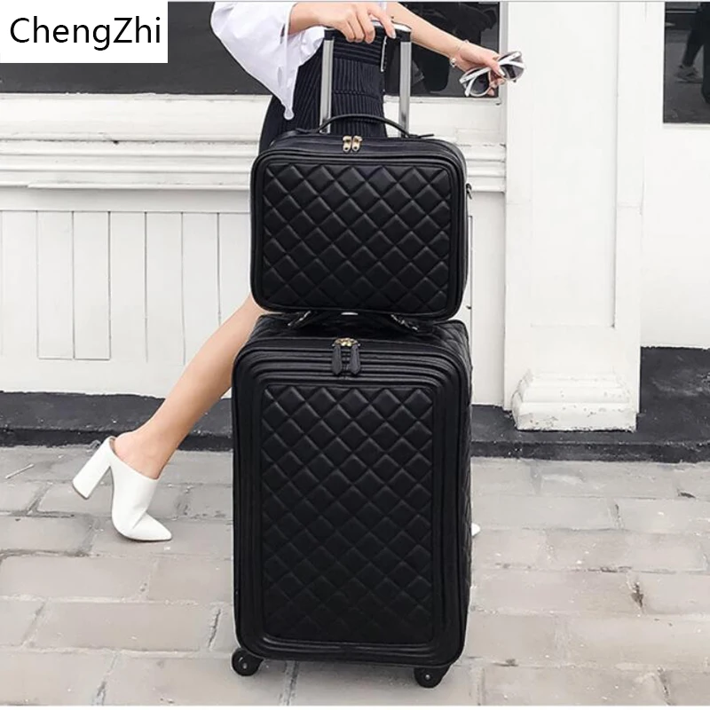 

CHENGZHI 20"24" inch women cabin leather trolley suitcase 16" spinner hand luggage on wheels