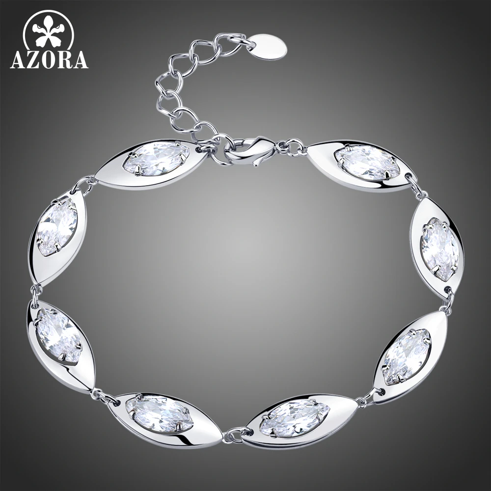 AZORA Marquise, прозрачный кубический цирконий, листья дерева, женские браслеты-цепочки для женщин, ювелирные изделия из белого золота TS0194