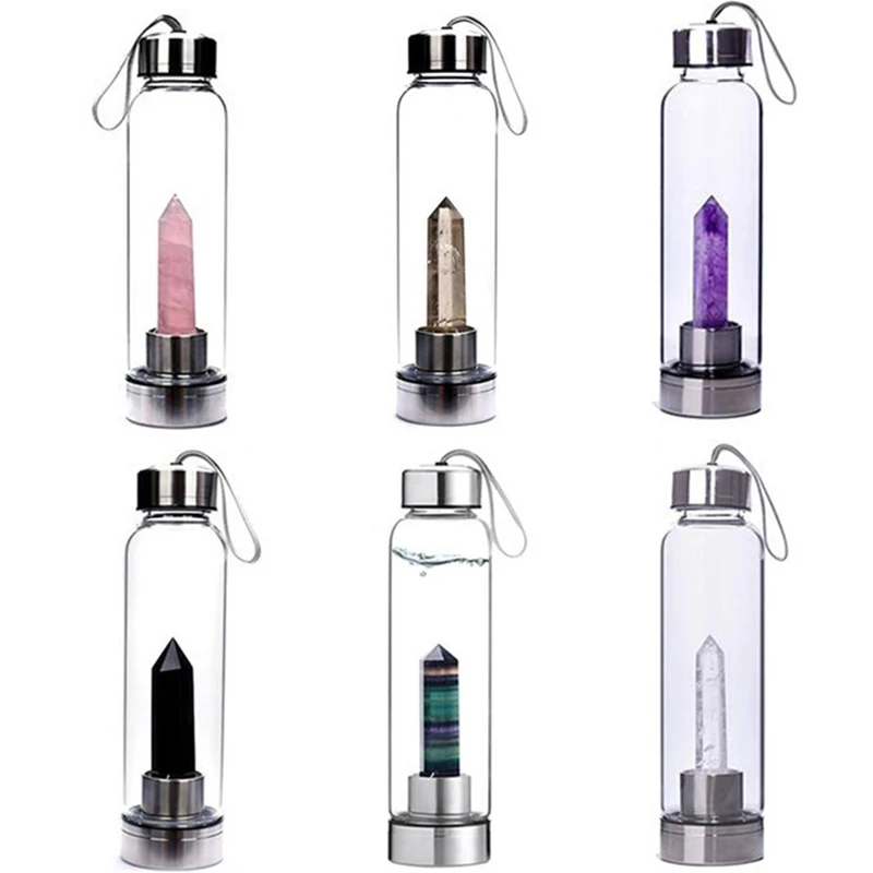 

500ML Natural Crystal Water Bottle Point Healing Obelisk Wand Elixir Quartz Crystal Healing Bottle Drop Ship