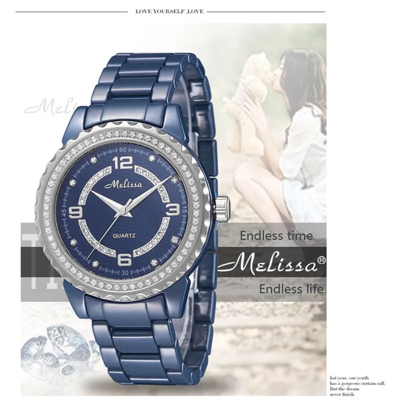 Relógio de Pulso de Quartzo os Amantes da Marca Melissa Relógios Jóias Real Azul Cerâmica Relógio Shinning Cristal Pulseira Montre Femme Reloj 100%