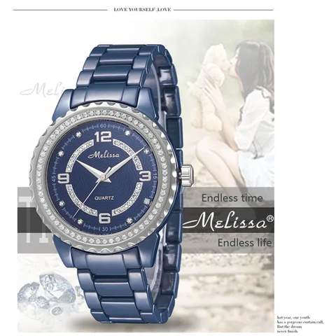 Relógio de Pulso de Quartzo os Amantes da Marca Melissa Relógios Jóias Real Azul Cerâmica Relógio Shinning Cristal Pulseira Montre Femme Reloj 100%