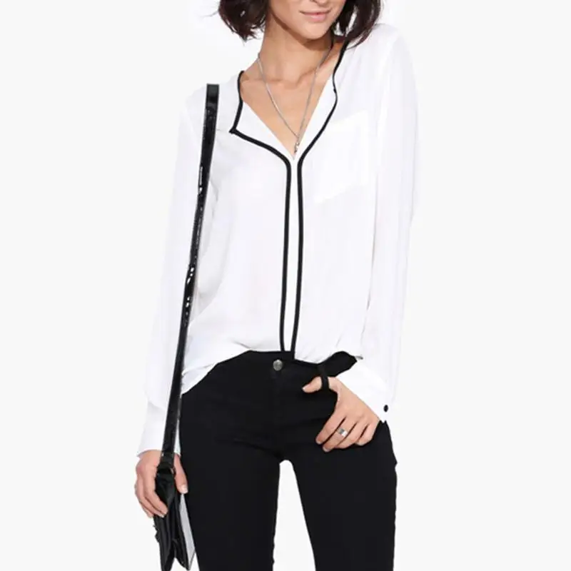Popular Black Blouses For Work-Buy Cheap Black Blouses For Work New Summer Style Fashion Womens Casual White Shirt Long Sleeve Black Side Chiffon Blouse V- - Popular Black Blouses For Work-Buy Cheap Black Blouses For Work