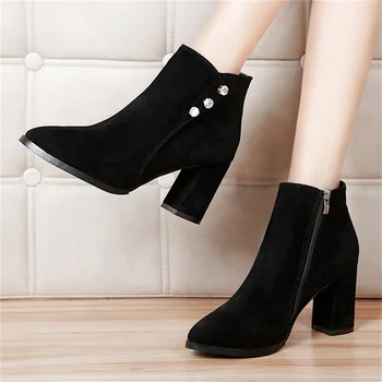 

Woman Boots Ankle Short Boots Flock Pointed Toe Square Heels Winter Booties Woman 2019 of fashion Women Martin Boots high heels