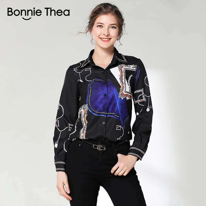 

Bonnie thea new black Women blouse spring femme Elegant print blouse office OL Ladies shirt Casual summer blusa tops clothes