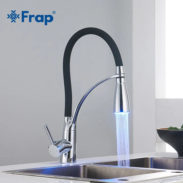 Best Offers Frap LED Kitchen Faucets with Rubber Design Mixer Faucet for Kitchen Single Handle Pull Down Deck Mounted Crane for Sink Y40051