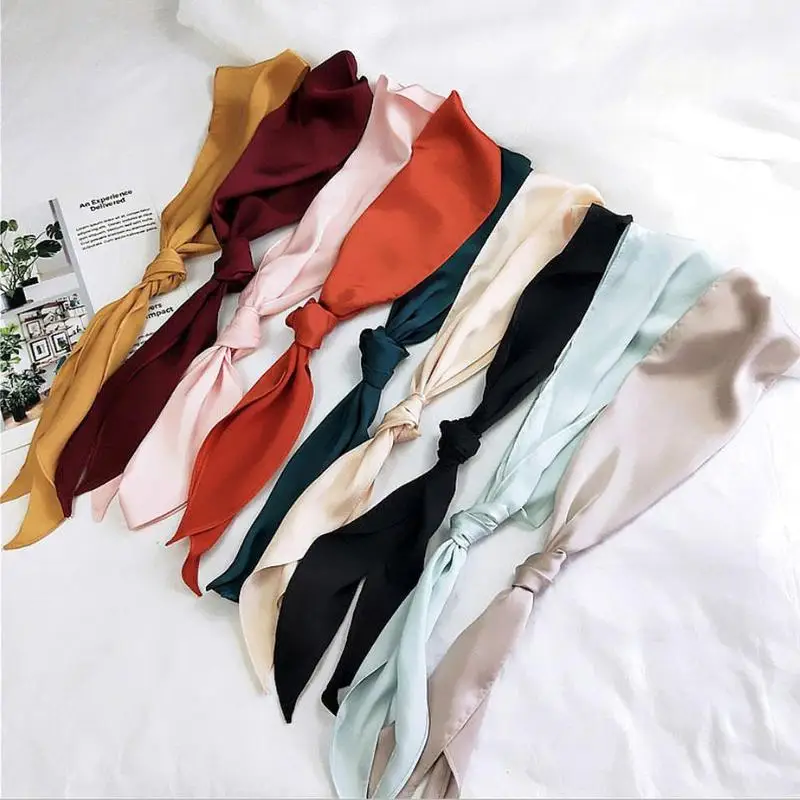 Women Fashion Ribbon Silk Scarf Beautiful Solid Design Girls Neckerchief Hair Band Bag Handle Wraps Small Neck Scarves