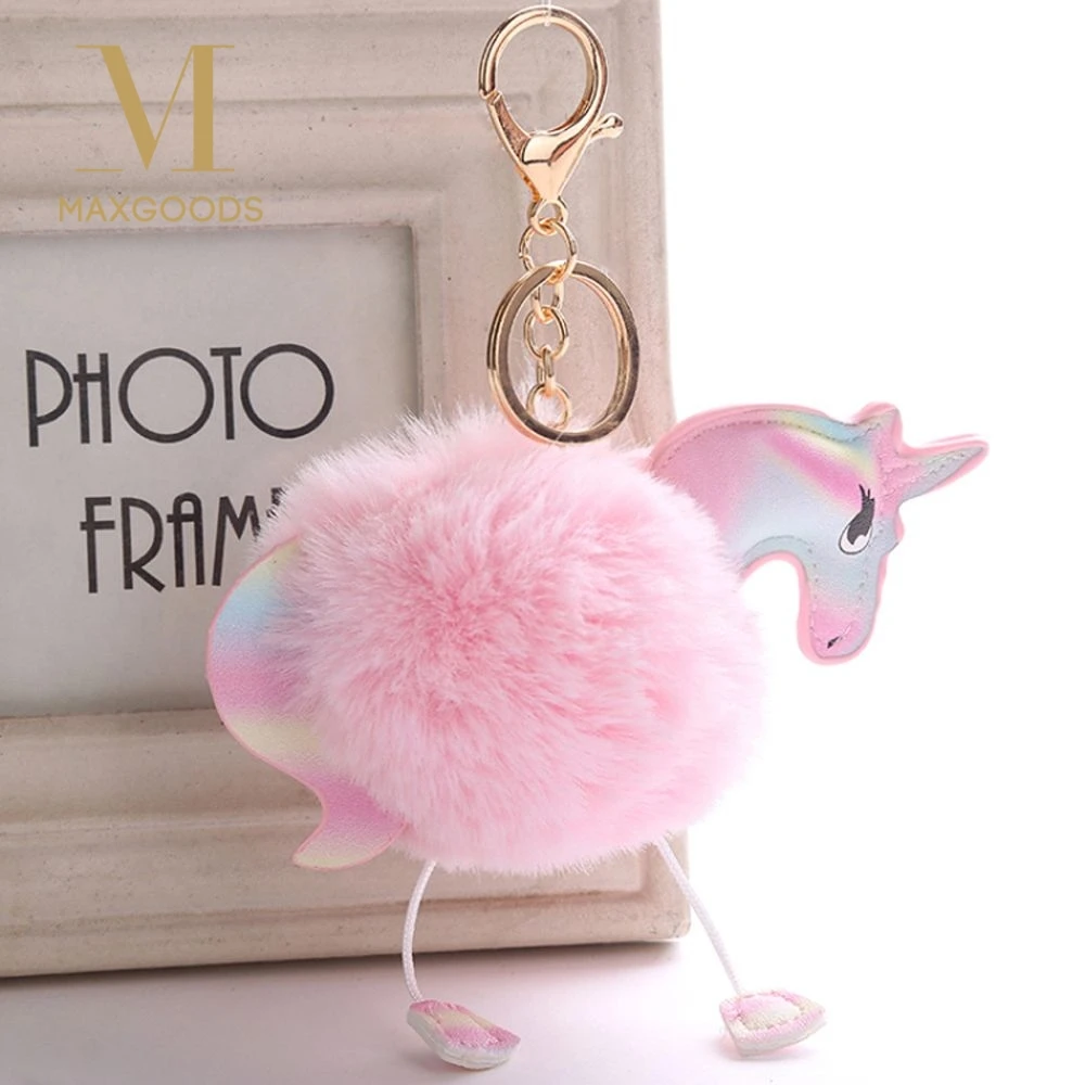 Unicorn pom keychain Artificial pompoms rabbit fur ball key chain women bag car keyring porte clef holder fluffy Unicorn Keyring