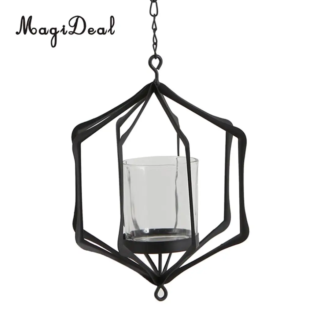 MagiDeal Wire Hanging Chain Hollow Vintage Geometric Tealight Candle Holder Mood Light Candleholder Candlestick Lantern Case