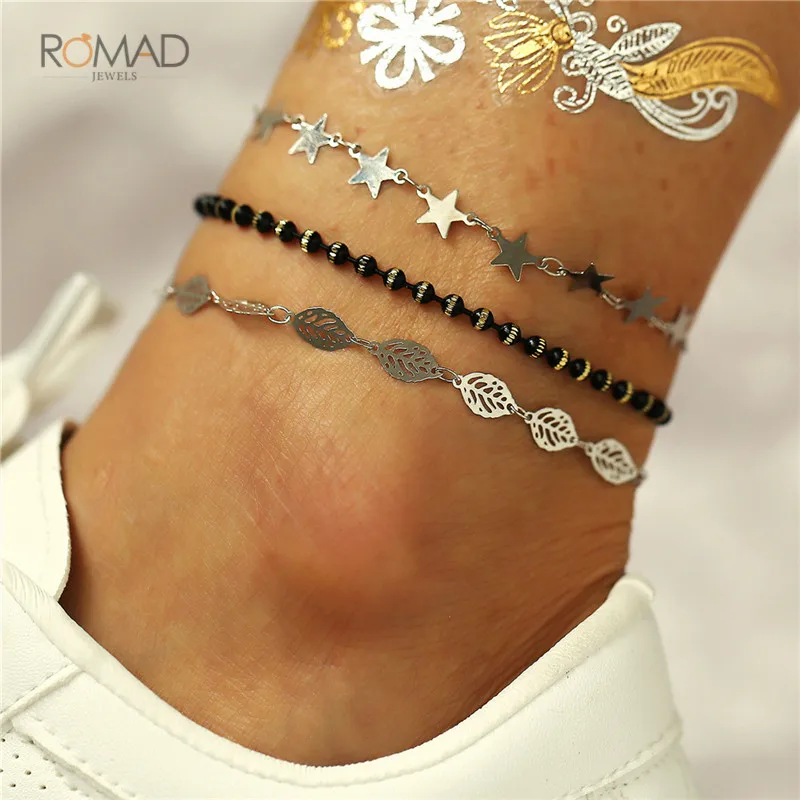 

Romad 2019 Vintage Silver Leaf Star Beads Anklets Set Multi Layer Anklet Bracelets For Women Summer Beach Jewelry