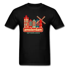 Lo último en camisetas Vintage con estampado de Ciudad de los Países Bajos de Amsterdam, camisetas casuales de algodón de alta calidad, camiseta urbana de molino de viento para hombres, moda