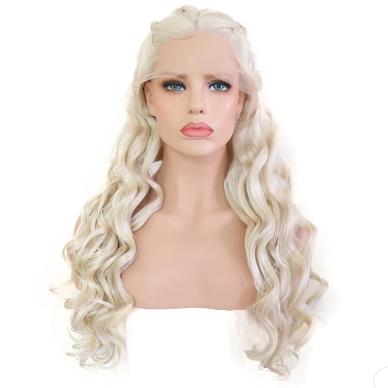 Bombshell, Платиновый белый, ручная вязка, синтетический кружевной передний косичка, парик, термостойкие волоконные волосы, средний пробор для белых женщин, парики