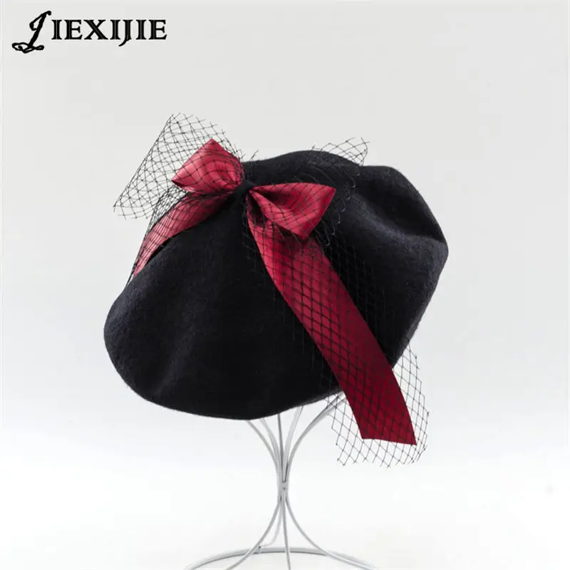 

winter veil wool beret painter cap fashion big Cross bow mesh hat Sweet Cute Berets Soft Macaron color Ribbon Vintage Female Hat