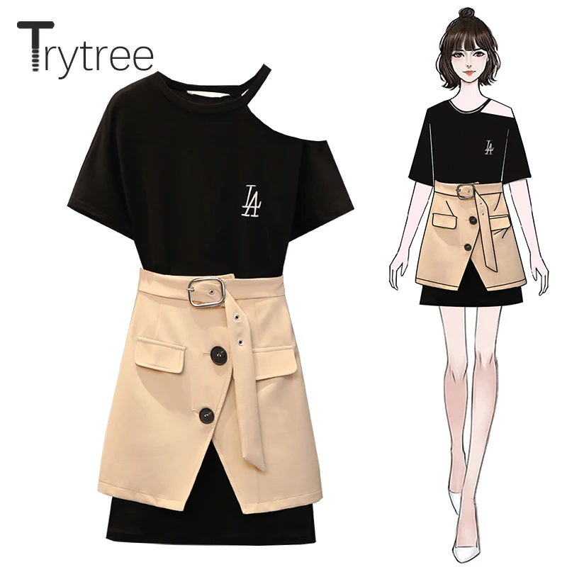 

Trytree Summer Women top two piece set Casual Polyester O-Neck Long Black Tops + Skirt Khaki Belt Female Suit Set 2 Piece Set
