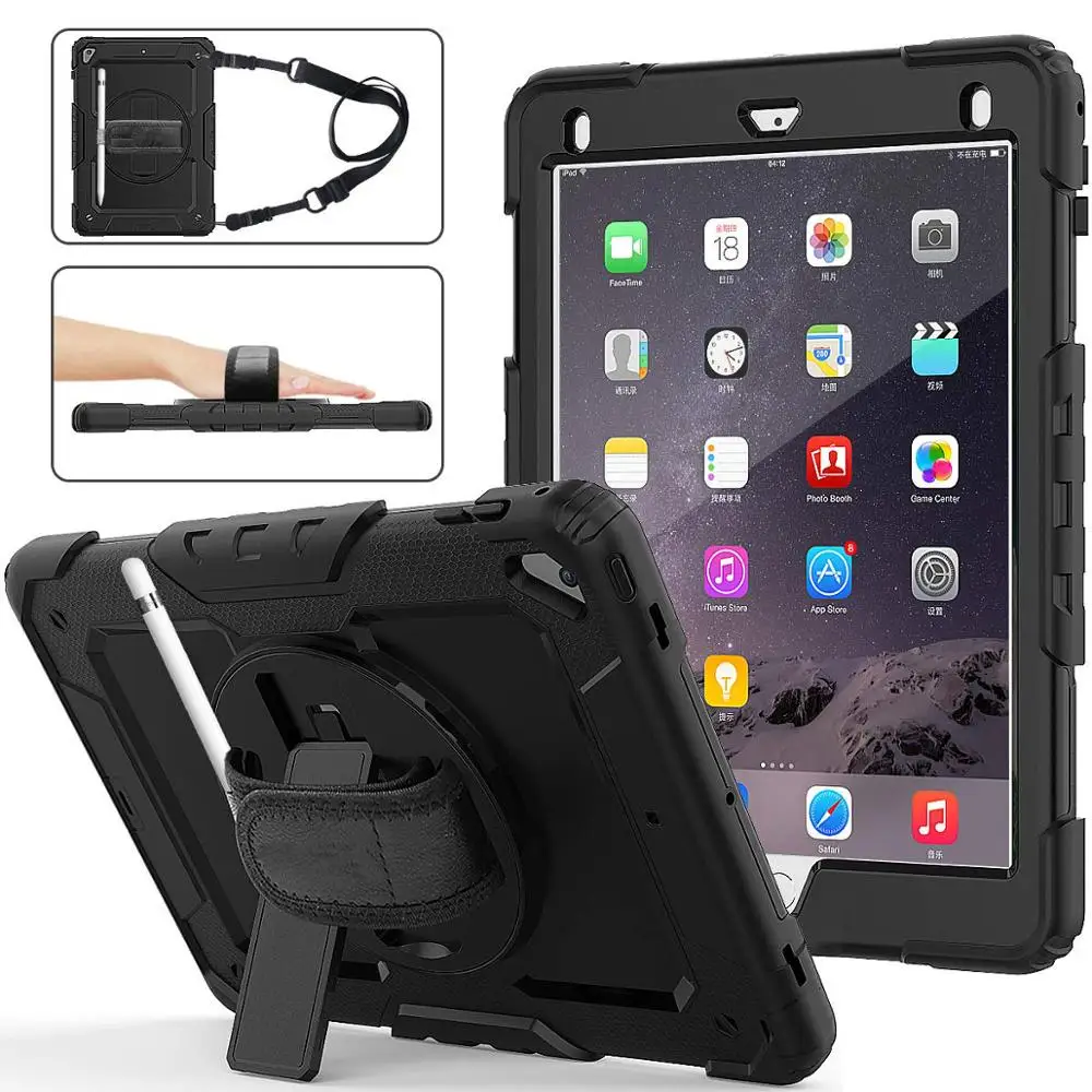 

For Coque iPad Air 2 Case Kids Shockproof Hand Shoulder Strap Built Screen Protector PC Rubber Case for iPad Air 2 iPad 9.7 2017