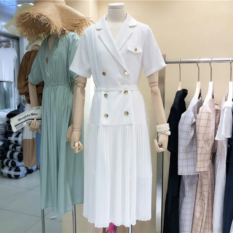 

Summer New Small Fragrance Ladies Belt Double-Breasted Pleated Turn-Down Collar Short-Sleeved Fashion Casual A-Line Midi Dress