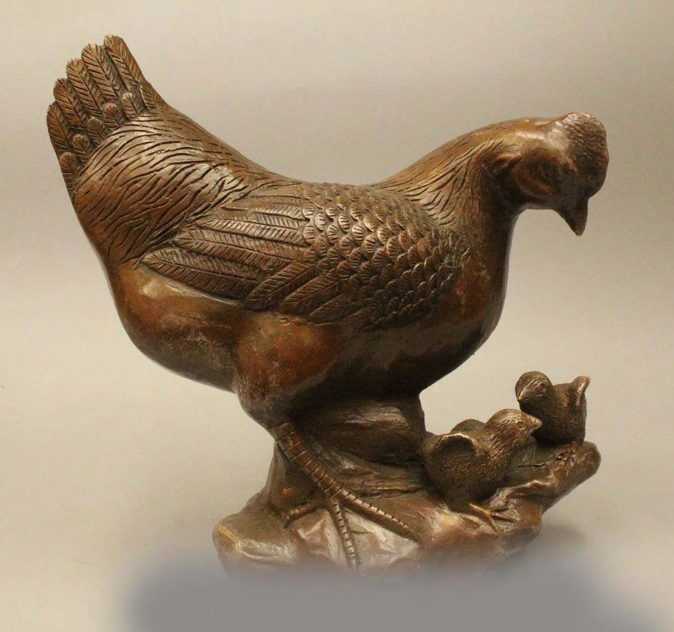 

11" Chinese Fengshui Bronze Zodiac Year Cock Rooster biddy Son Rich Statue
