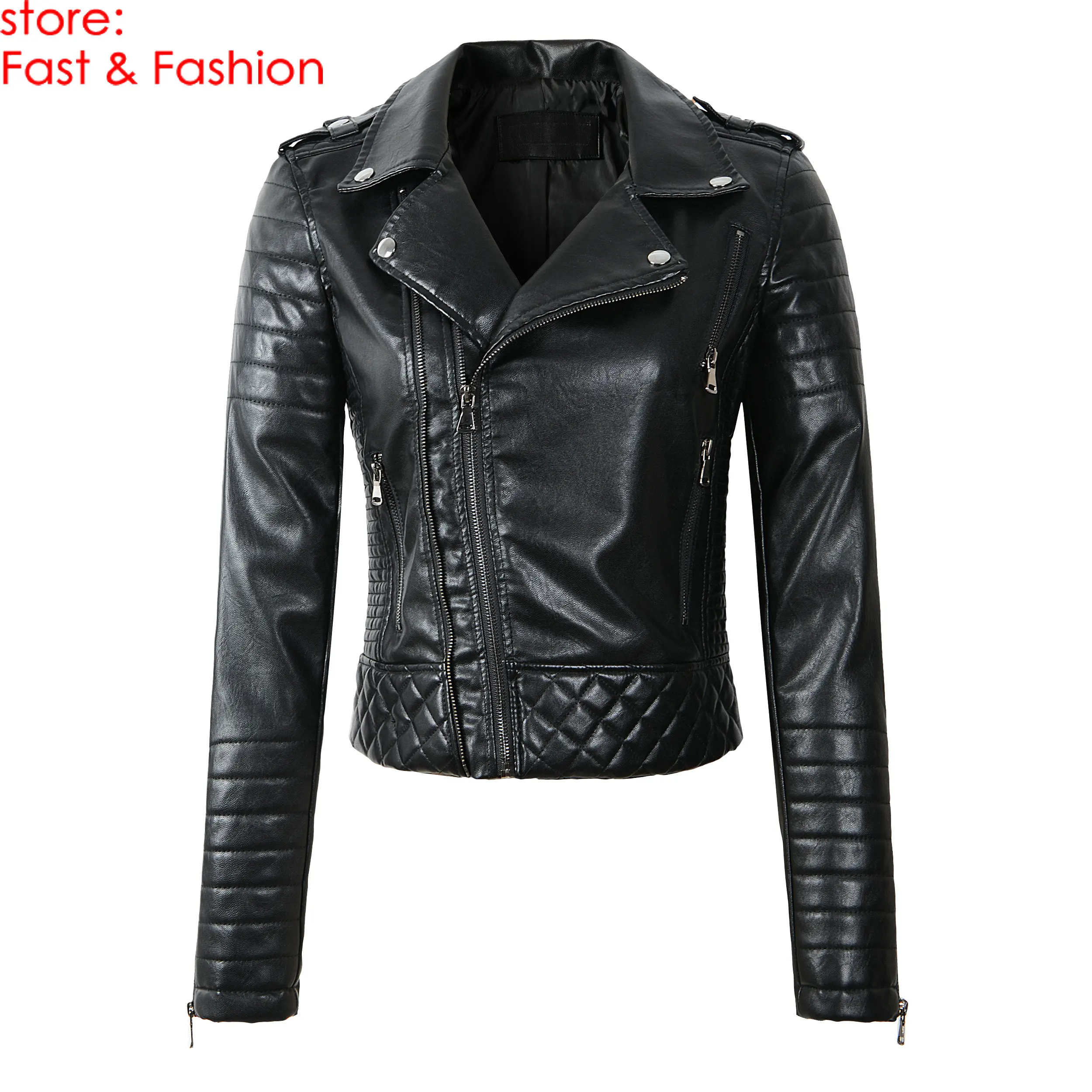 Online 2020 nueva moda mujer primavera otoño suave Faux cuero chaquetas Lady Motorcyle cremalleras Biker azul abrigos negro prendas de vestir exteriores gran oferta