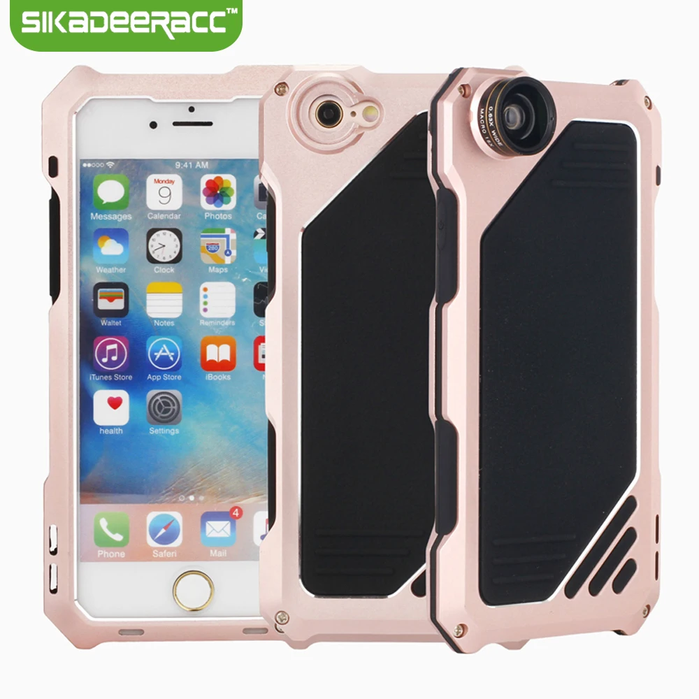 

Waterproof Metal Silicone Phone Covers For iPhone 5s 6s Plus SE Cellphones Back Case + Fisheye Wide Angle Macro Camera Lens DA92