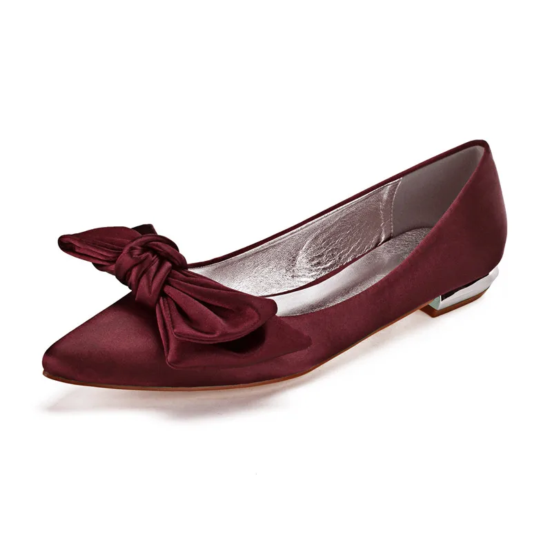 OnnPnnQ/Удобная атласная Женская обувь на плоской подошве с бантом, с острым носком, без застежки, для выпускного вечера, вечерние свадебные туфли на плоской подошве - Цвет: Burgundy