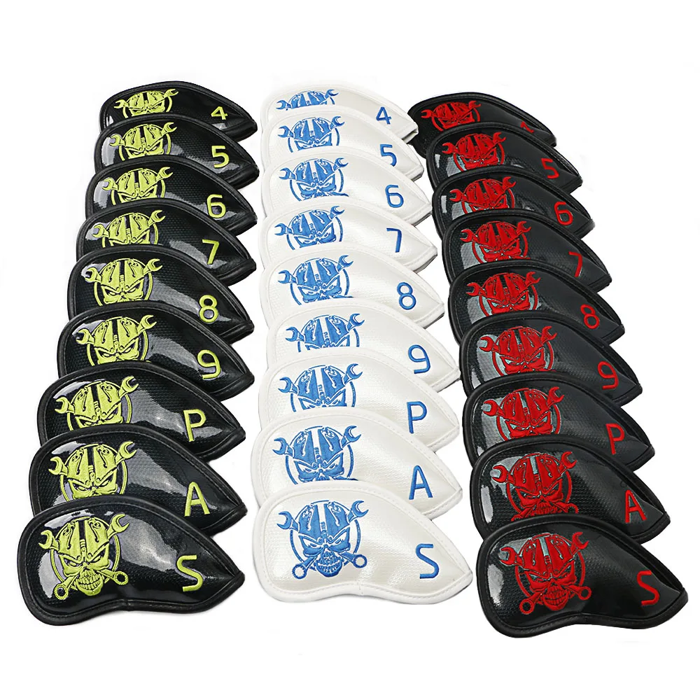 Golf Iron Headcover Waterproof PU Leather skull head pattern 9Pcs/set(4~9,P,A,S) golf clubs protect covers free shipping