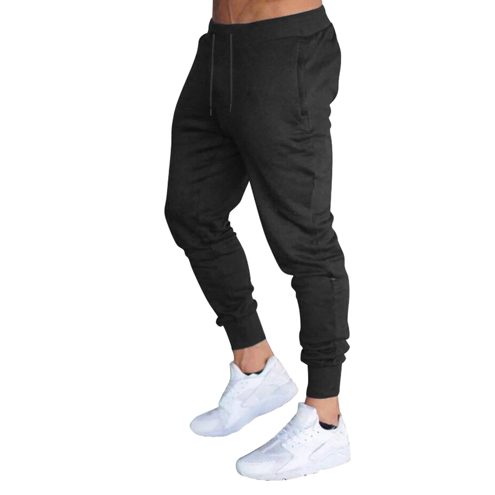 Для мужчин Slim Fit сплошной цвет брюки для девочек мотобрюки шнурок повседневное Бег Спорт - Цвет: Черный