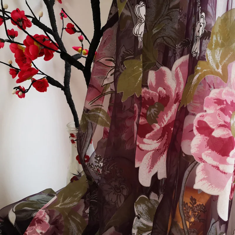 

Beige/ Purple Burnout Peony Flower Sheer Tulle Curtains for Living Room Bedroom Window Screen Pastoral Yarn Kitchen Customized