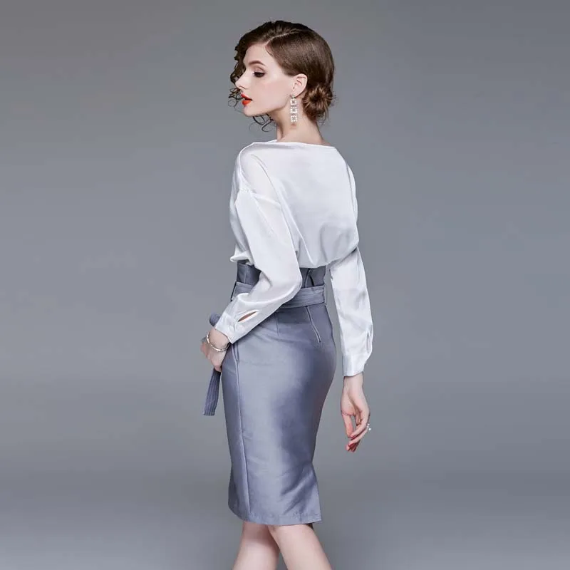 Ol pièce Longues Robe Automne Costume Professionnel 2018 Dress Trajet Manches Blanc Chemise Moitié Épaule Nouvelle Tempérament Deux Une À White Rqxtw7TFn