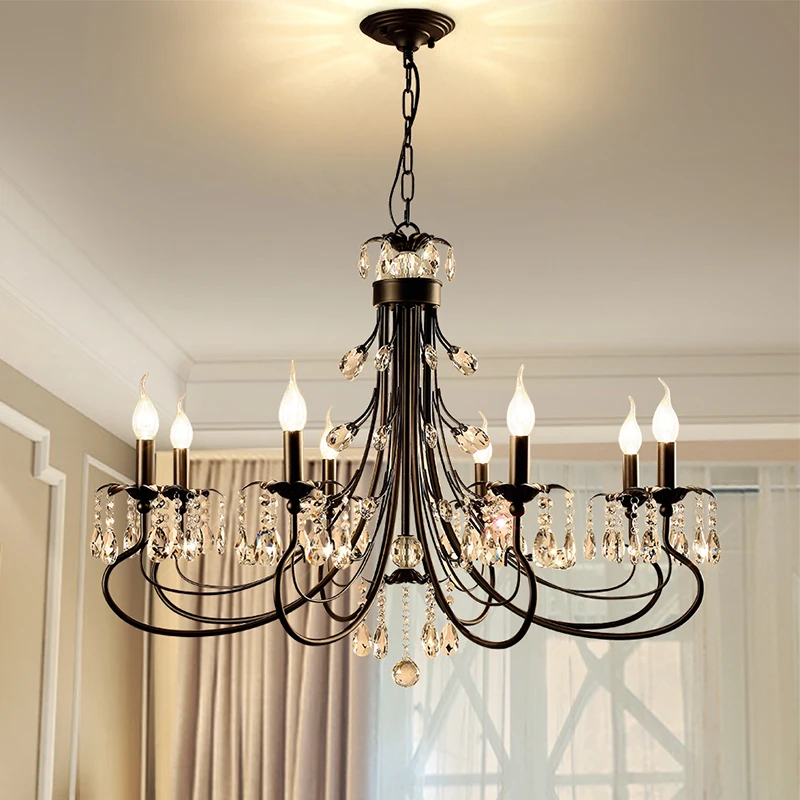 

High Quality American Crystal pendant lamps Living Room Restaurant Bedroom Candle Nordic Iron pendant light 6/8/12 heads