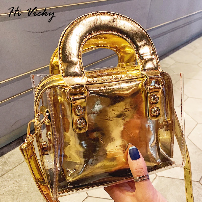 

2019 Summer Fashion New Handbag Gold High quality PVC Transparent Women bag Sweet Letter Square Phone bag Chain Shoulder bag