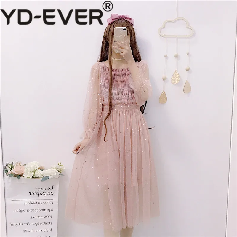 Us 1865 39 Offjapanese Spring Women Mesh Dress Slash Neck Pink Black Romantic Sequined Tulle Elegant Dress Cute Kawaii Mesh Party Girls Dress In - 