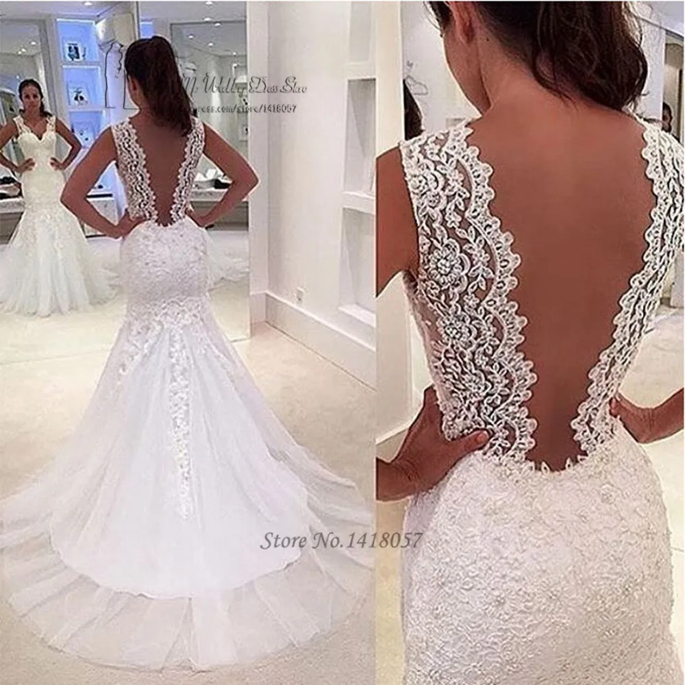 

Sexy Mermaid Wedding Dress Lace Backless Bride Dresses 2017 Real Vestido de Noiva Sereia Vintage Wedding Gowns V Neck Mariage