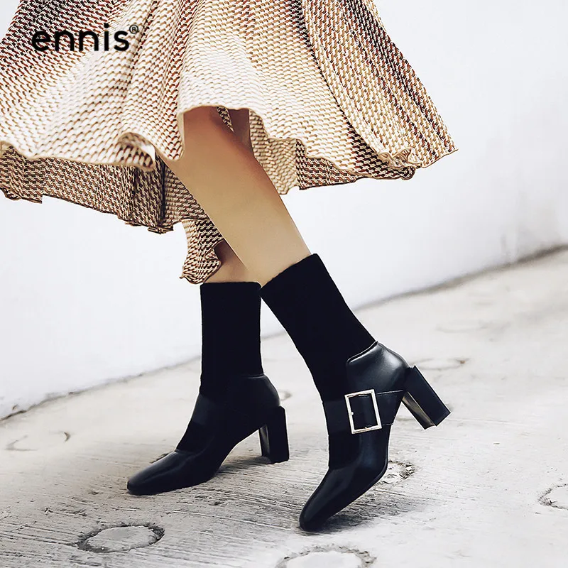 Bottes Femmes Chaussures Tricoté Cuir À Hiver A8102 Boucle Ennis Beige Chunky black Noir 2018 Automne Hauts Mode Cheville Beige Véritable Talons c4WEcAYwTq